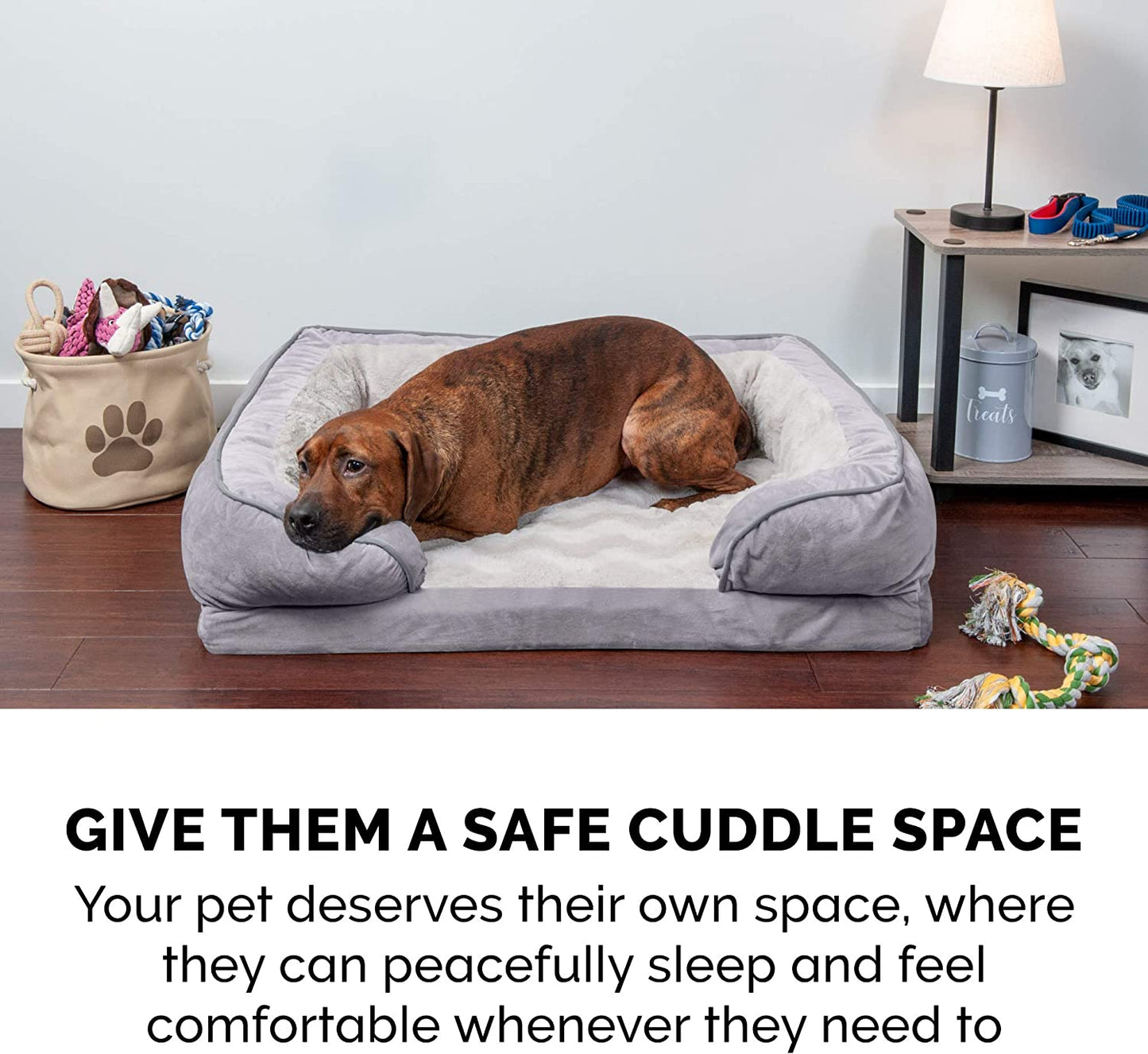 Memory Foam Dog Bed for Large/Medium Dogs W/ Removable Bolsters & Washable Cover, for Dogs up to 55 Lbs - Plush & Velvet Waves Perfect Comfort Sofa - Granite Gray, Large