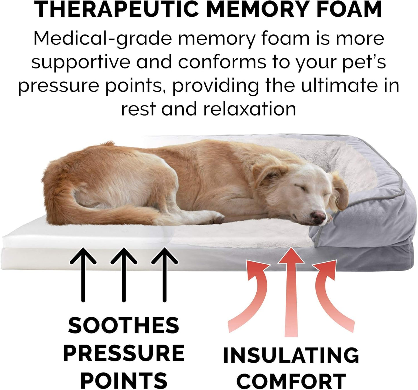 Memory Foam Dog Bed for Large/Medium Dogs W/ Removable Bolsters & Washable Cover, for Dogs up to 55 Lbs - Plush & Velvet Waves Perfect Comfort Sofa - Granite Gray, Large