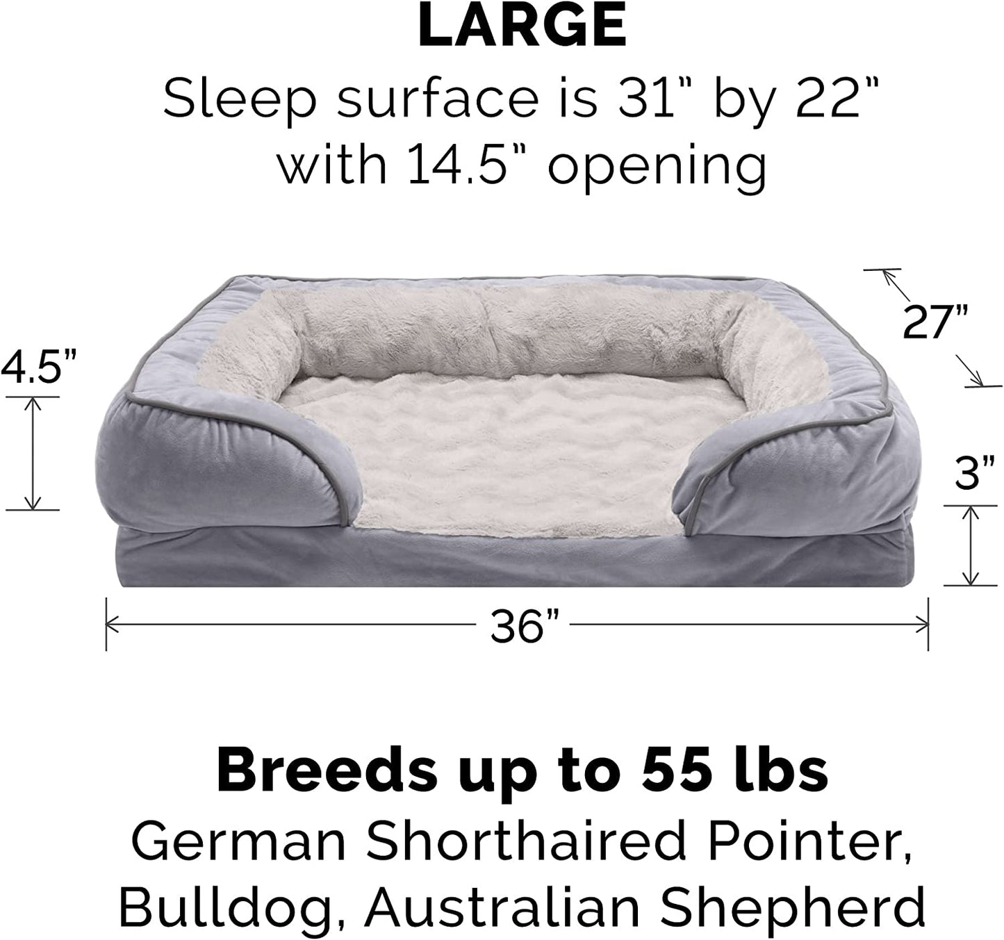 Memory Foam Dog Bed for Large/Medium Dogs W/ Removable Bolsters & Washable Cover, for Dogs up to 55 Lbs - Plush & Velvet Waves Perfect Comfort Sofa - Granite Gray, Large