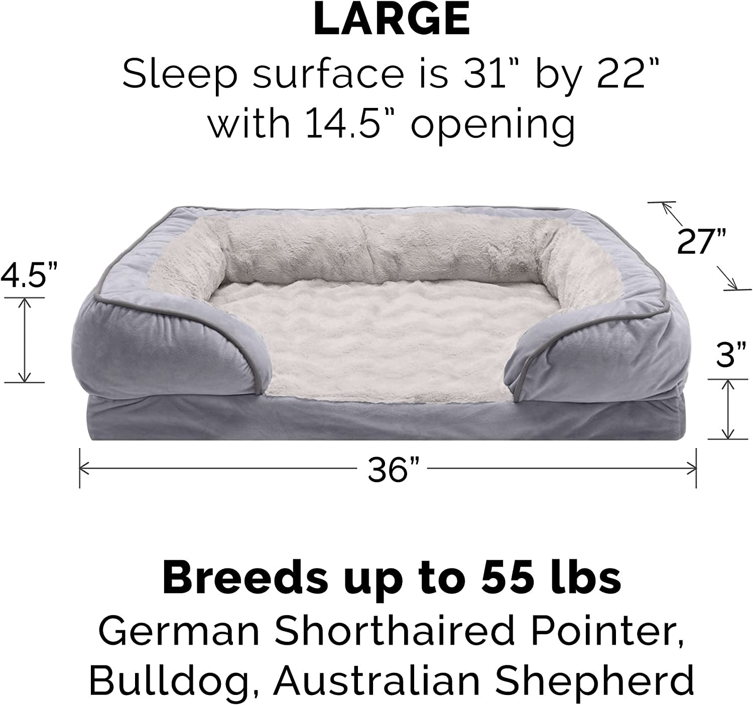 Memory Foam Dog Bed for Large/Medium Dogs W/ Removable Bolsters & Washable Cover, for Dogs up to 55 Lbs - Plush & Velvet Waves Perfect Comfort Sofa - Granite Gray, Large