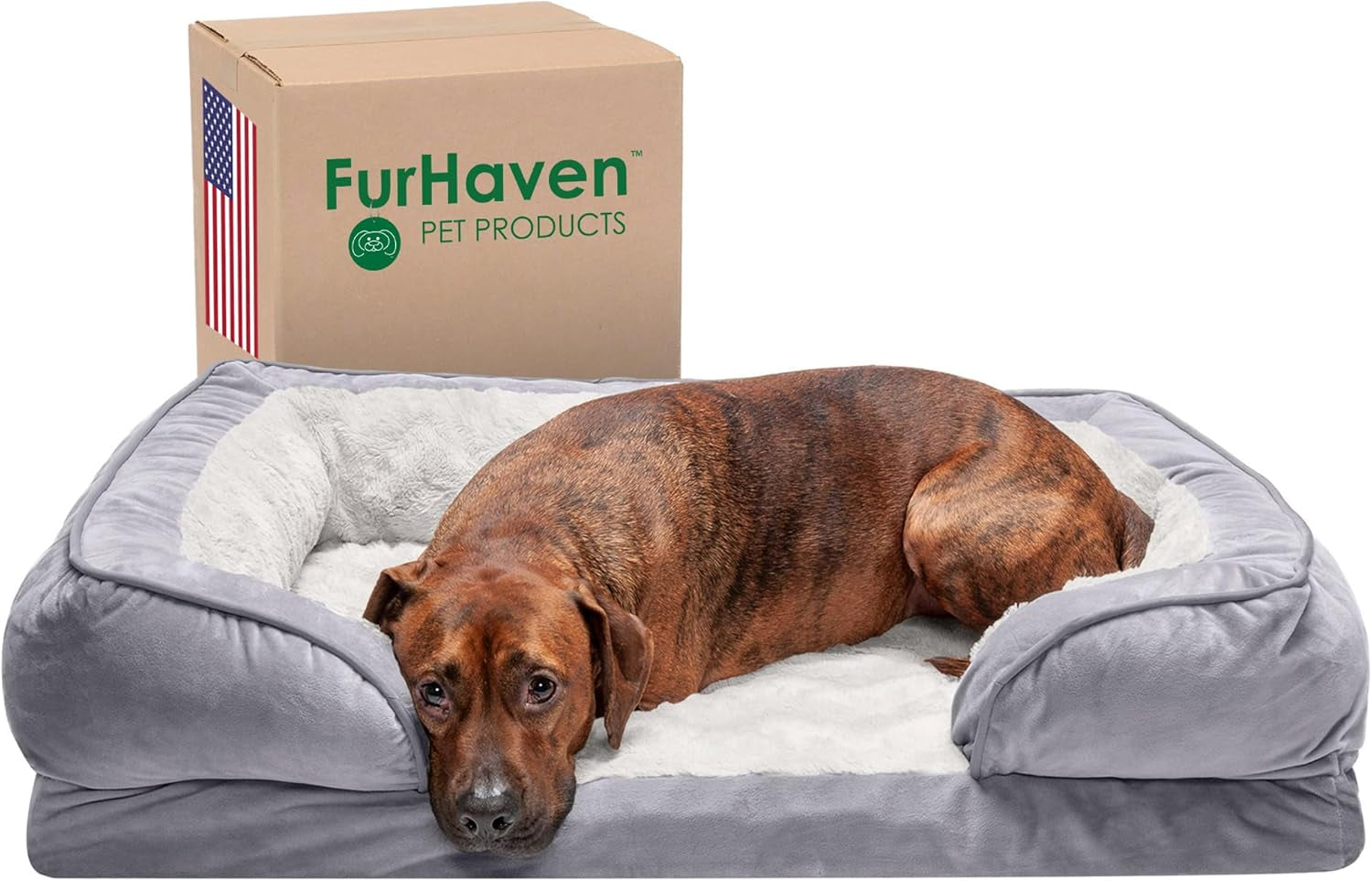 Memory Foam Dog Bed for Large/Medium Dogs W/ Removable Bolsters & Washable Cover, for Dogs up to 55 Lbs - Plush & Velvet Waves Perfect Comfort Sofa - Granite Gray, Large